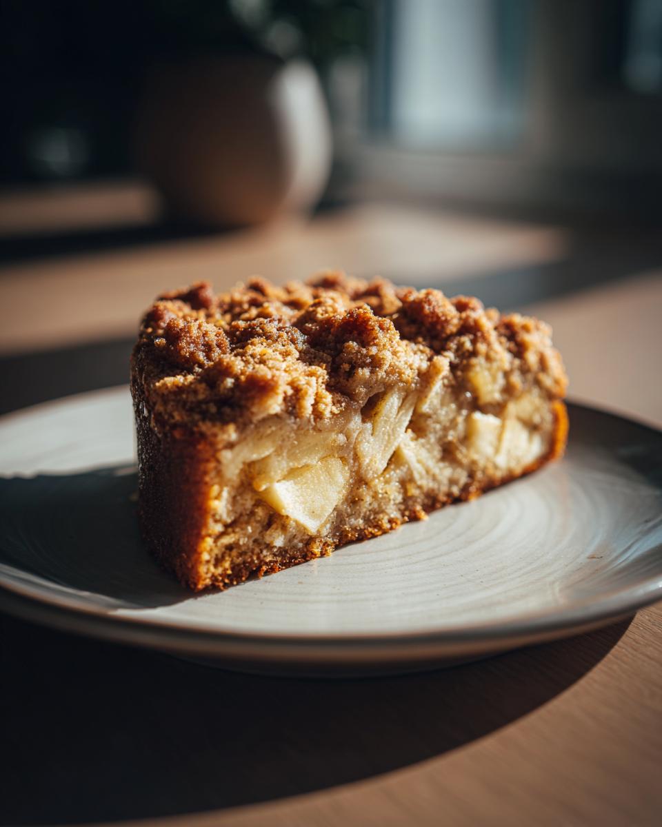 A close-up of a slice of apple crumb cake on a plate, showcasing tender apple pieces and a crumbly topping.
