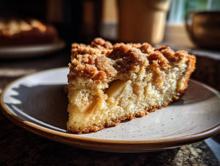 A close-up of a moist slice of apple crumb cake on a plate, showcasing tender apple pieces and a golden crumb topping.