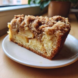 A close-up of a moist slice of apple crumb cake on a white plate, showcasing tender apple pieces and a golden crumb topping.