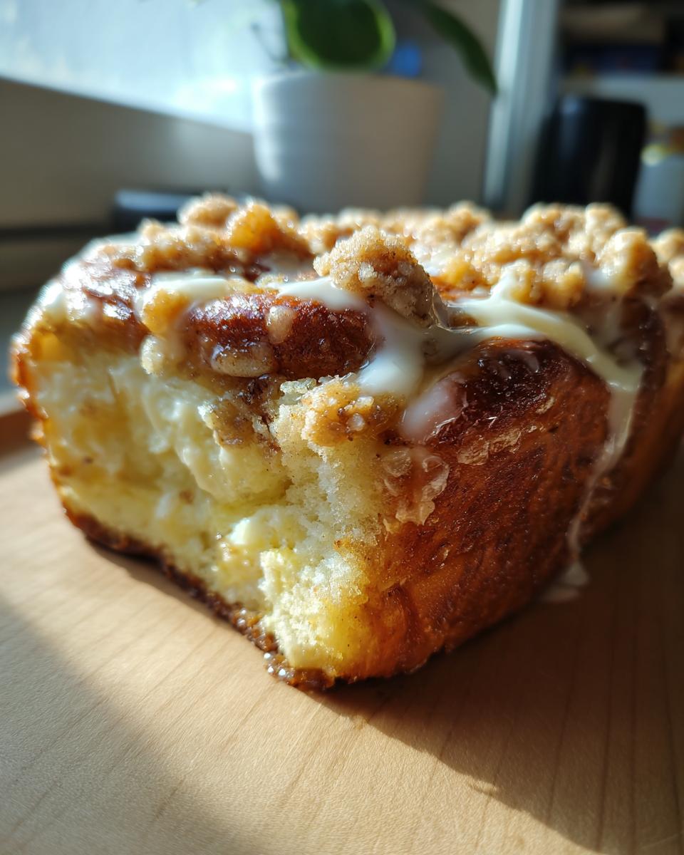 A close-up of a delicious Apple Crumble Cheesecake Bun, showing the soft interior and streusel topping.