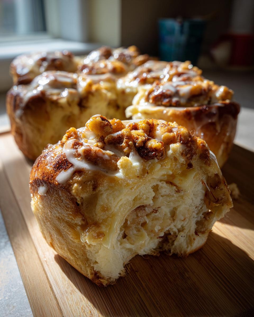 Close-up of a bite taken out of an Apple Crumble Cheesecake Bun, showing the soft, swirled interior and creamy topping.