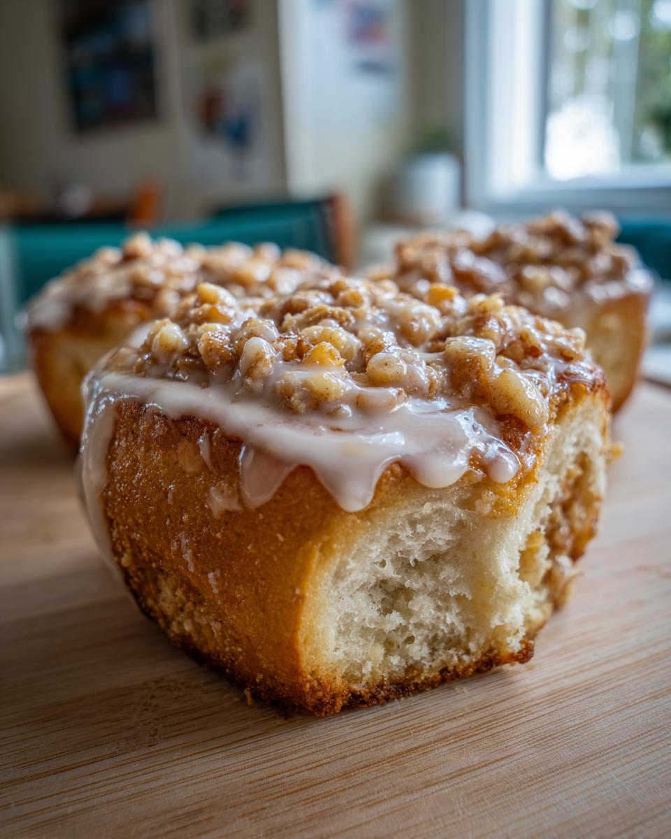 Close-up of a bite taken out of an Apple Crumble Cheesecake Bun, drizzled with icing and topped with crumble.