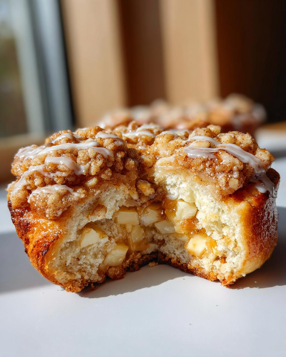 A close-up of a delicious apple crumble cheesecake bun, showing the soft interior filled with apple chunks and cheesecake filling.
