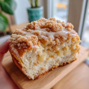 A close-up of a slice of apple crumble cheesecake buns, showing the fluffy dough, creamy filling, and streusel topping.