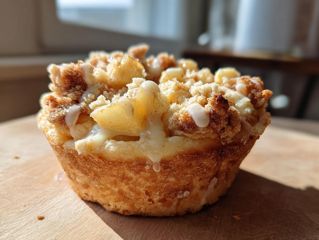 A close-up of a single Apple Crumble Cheesecake Bun, showcasing the golden crumble topping and creamy cheesecake filling.