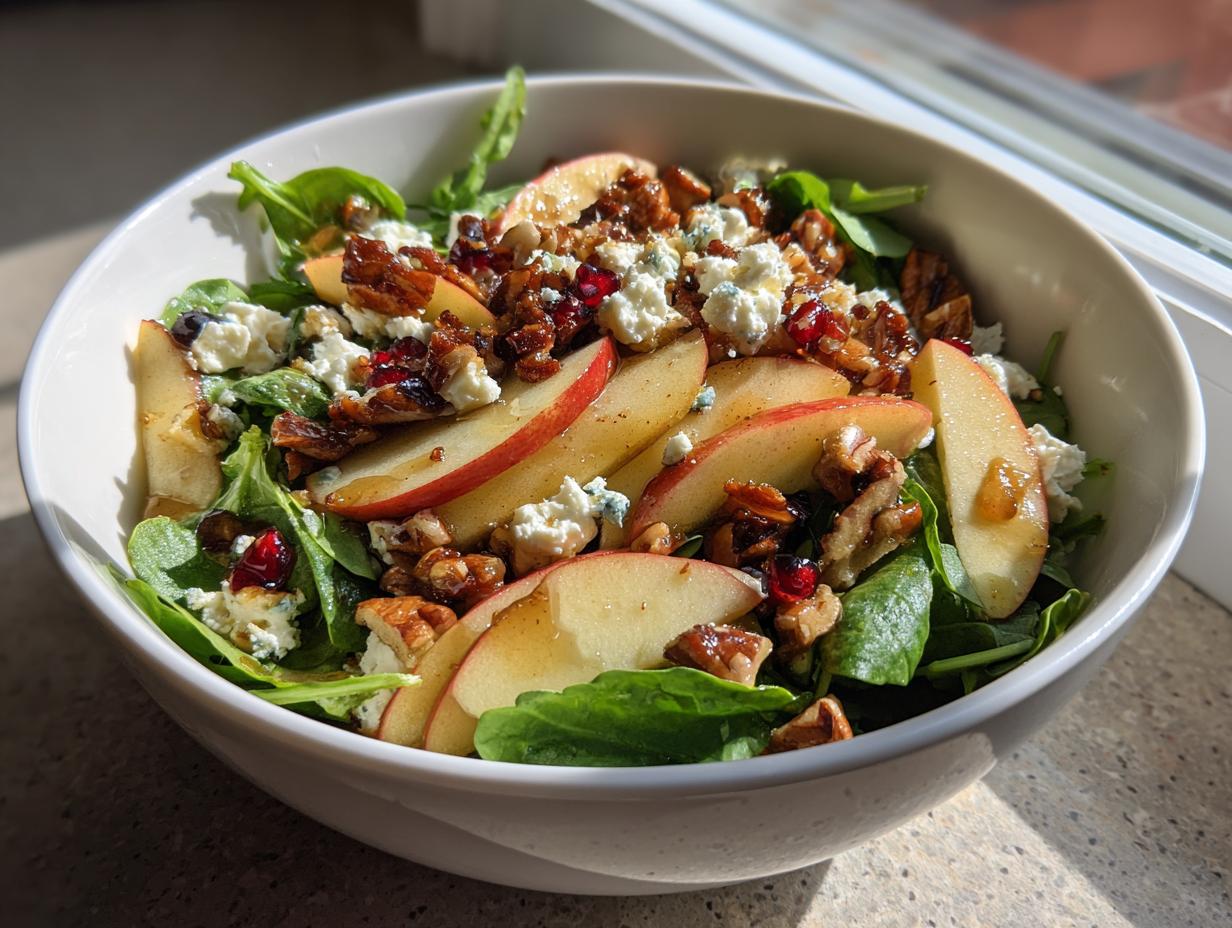 A close-up of a vibrant apple feta salad featuring sliced apples, crumbled feta cheese, walnuts, and pomegranate seeds.