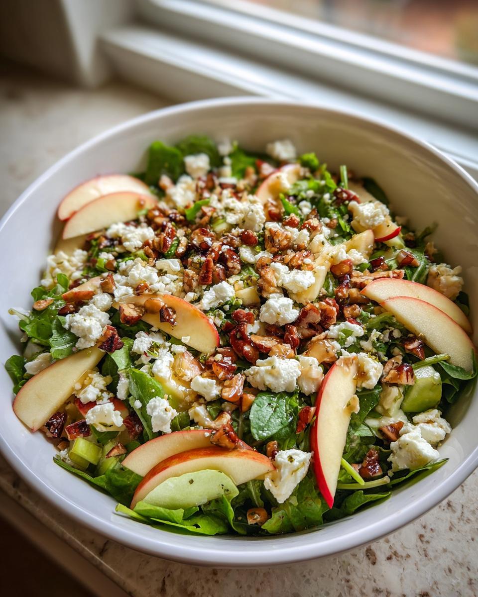 A close-up of a vibrant apple feta salad, featuring crisp apple slices, crumbled feta cheese, and toasted nuts on a bed of greens.