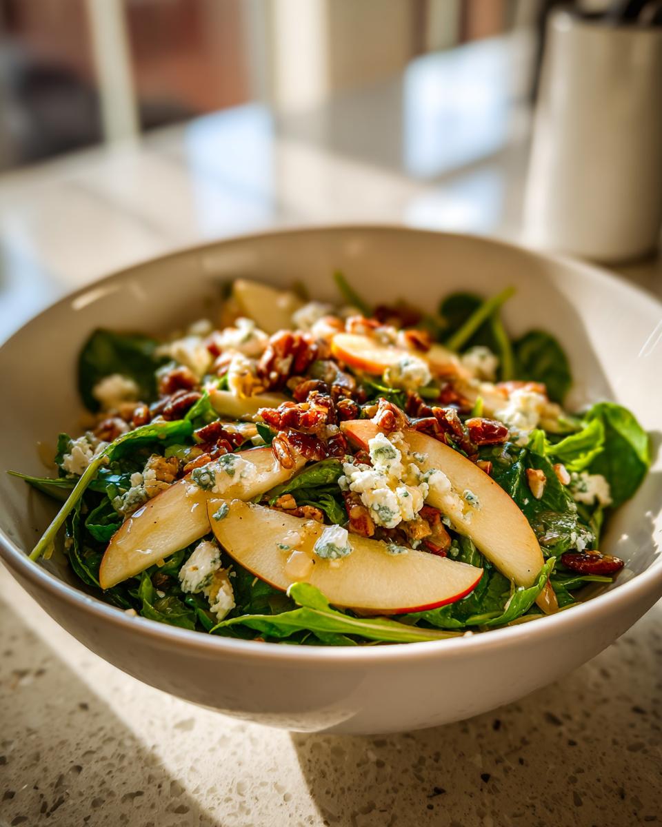 A close-up of a vibrant apple feta salad with crisp greens, sliced apples, crumbled feta cheese, and toasted nuts.
