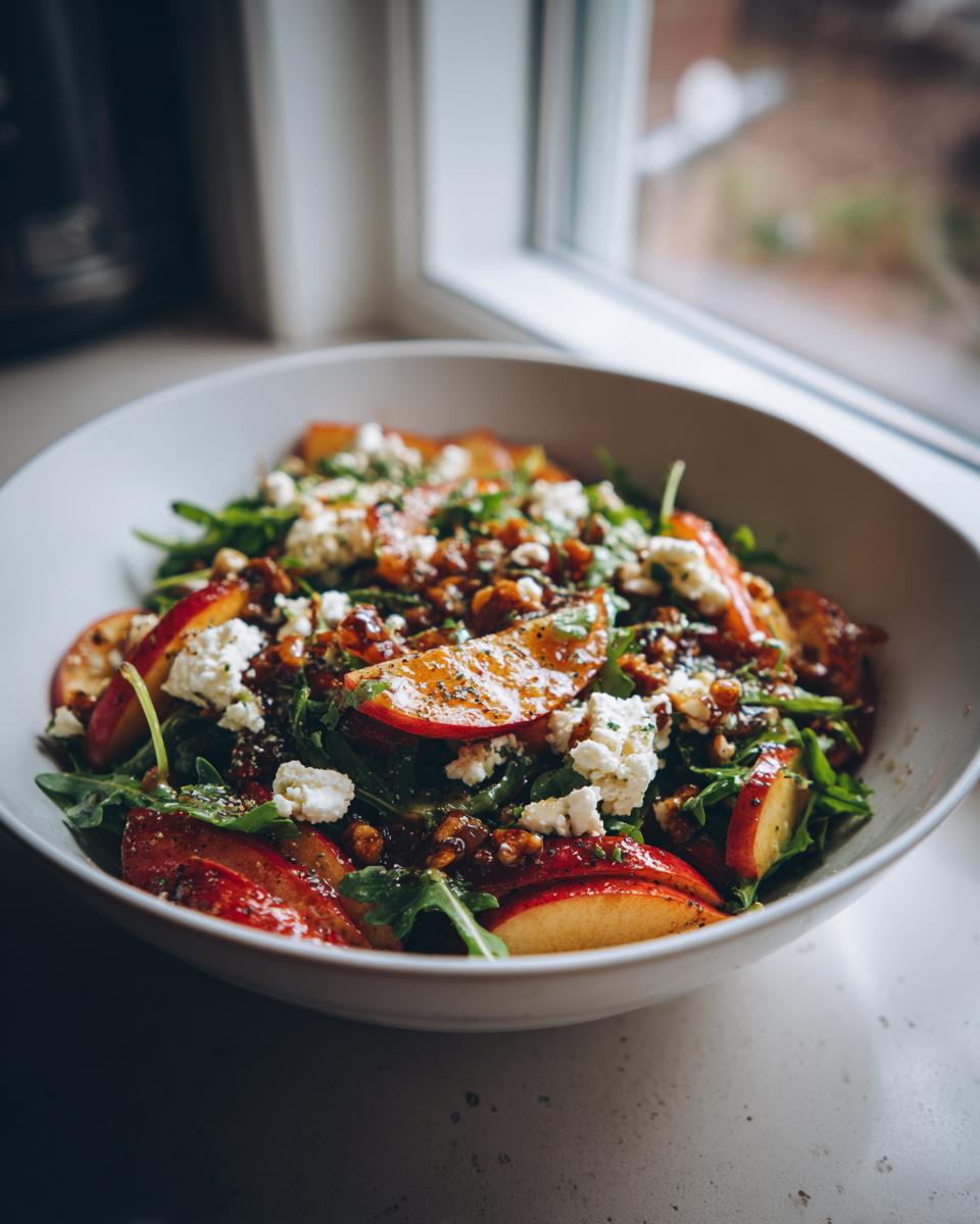 A close-up of a refreshing apple feta salad with arugula, crumbled feta cheese, and chopped nuts.
