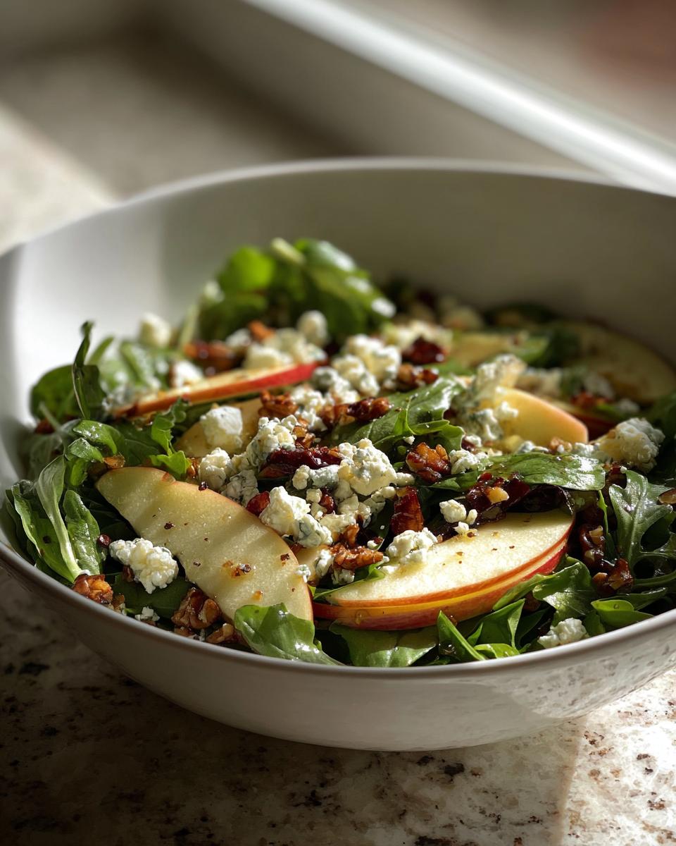 A close-up of a refreshing apple feta salad, featuring crisp apple slices, crumbled feta cheese, and toasted nuts.