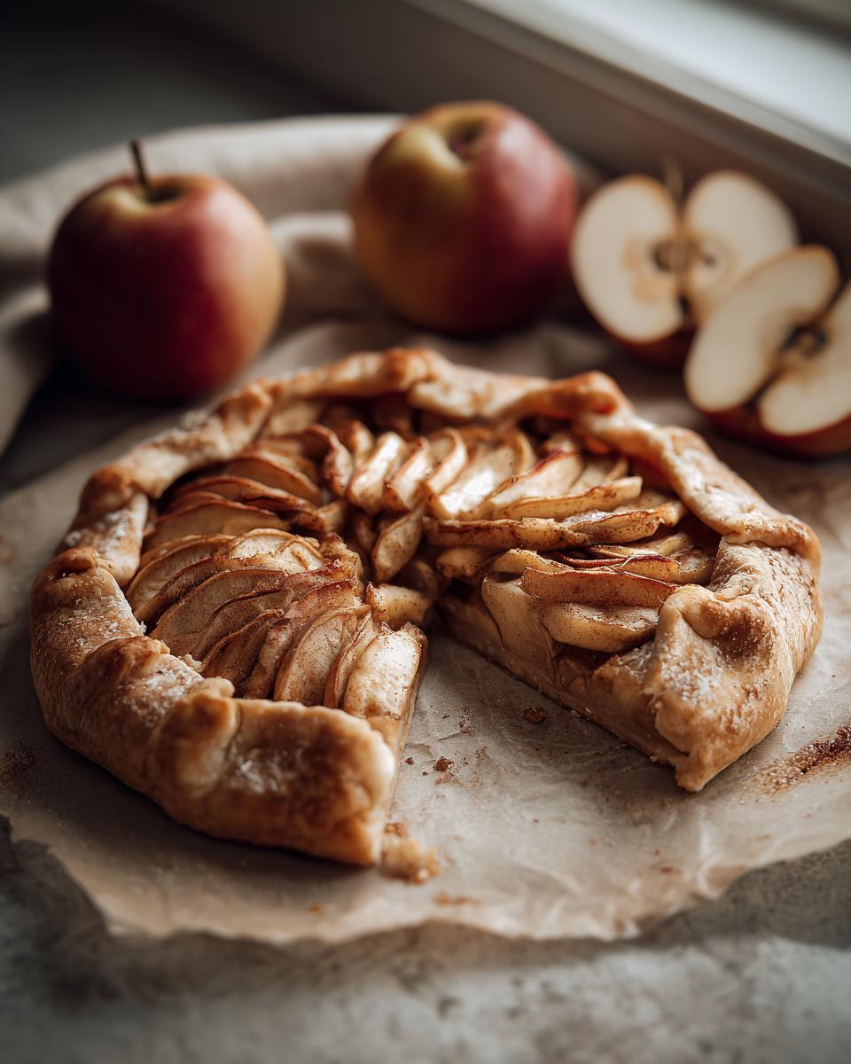 A rustic apple galette, with thinly sliced apples and a golden-brown crust, surrounded by fresh apples.