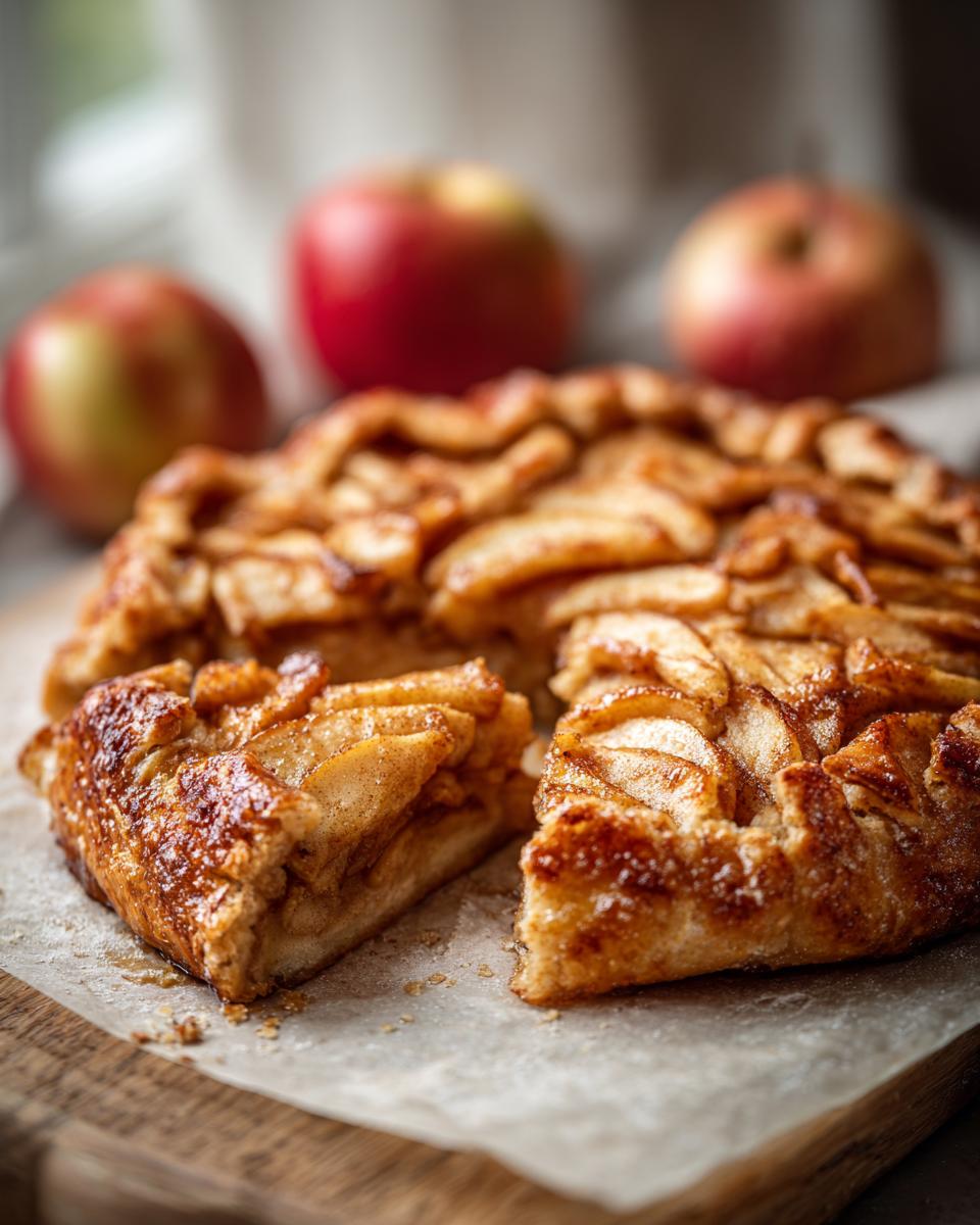 A close-up of a slice of a golden-brown apple galette, showing tender apple slices and a flaky crust.