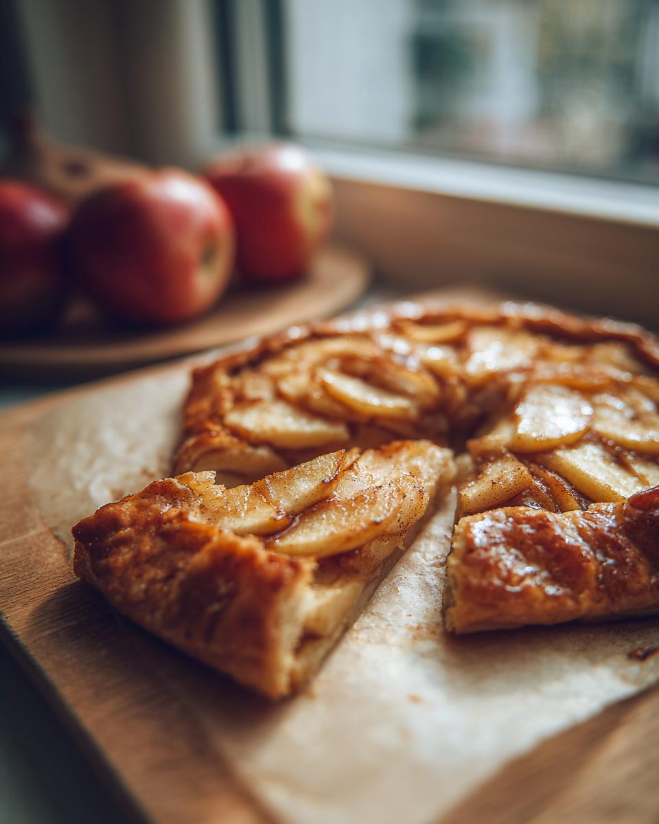 A slice of rustic apple galette, showcasing thinly sliced apples baked with cinnamon on a flaky crust.