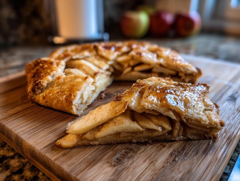 A close-up of a slice of delicious apple galette, showcasing tender apple slices and a flaky, golden-brown crust.