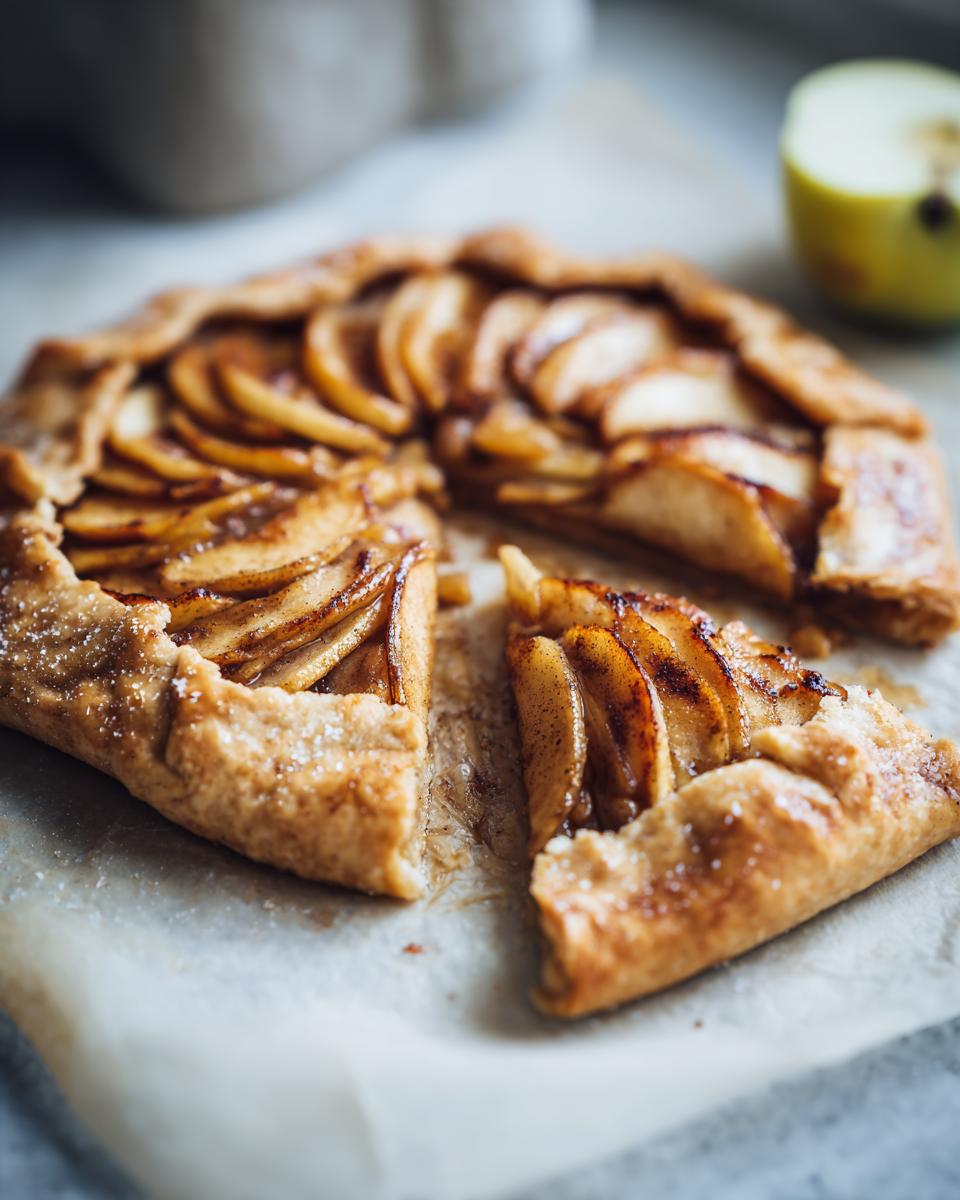 A slice of delicious apple galette, showcasing thinly sliced apples baked in a rustic crust with cinnamon sugar.
