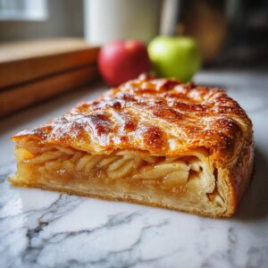 A slice of golden-brown apple galette with flaky pastry and a dusting of powdered sugar.