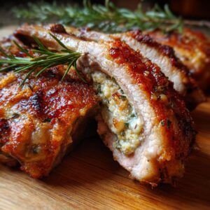 Close-up of juicy apple and rosemary stuffed pork chops, sliced to reveal the flavorful filling.