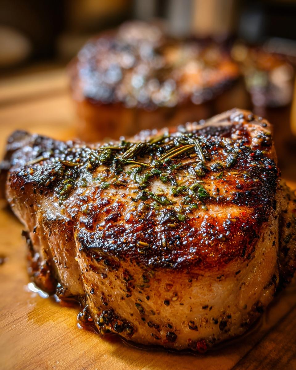 Close-up of a perfectly cooked apple and rosemary stuffed pork chop, seasoned and seared.