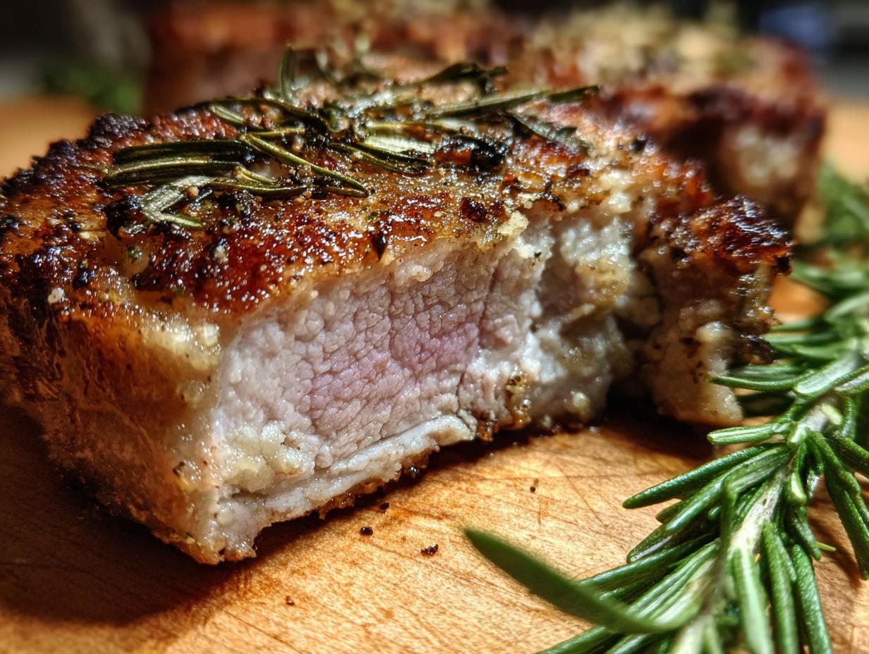Close-up of a perfectly cooked apple and rosemary stuffed pork chop, showing its tender, juicy interior and herb-crusted exterior.