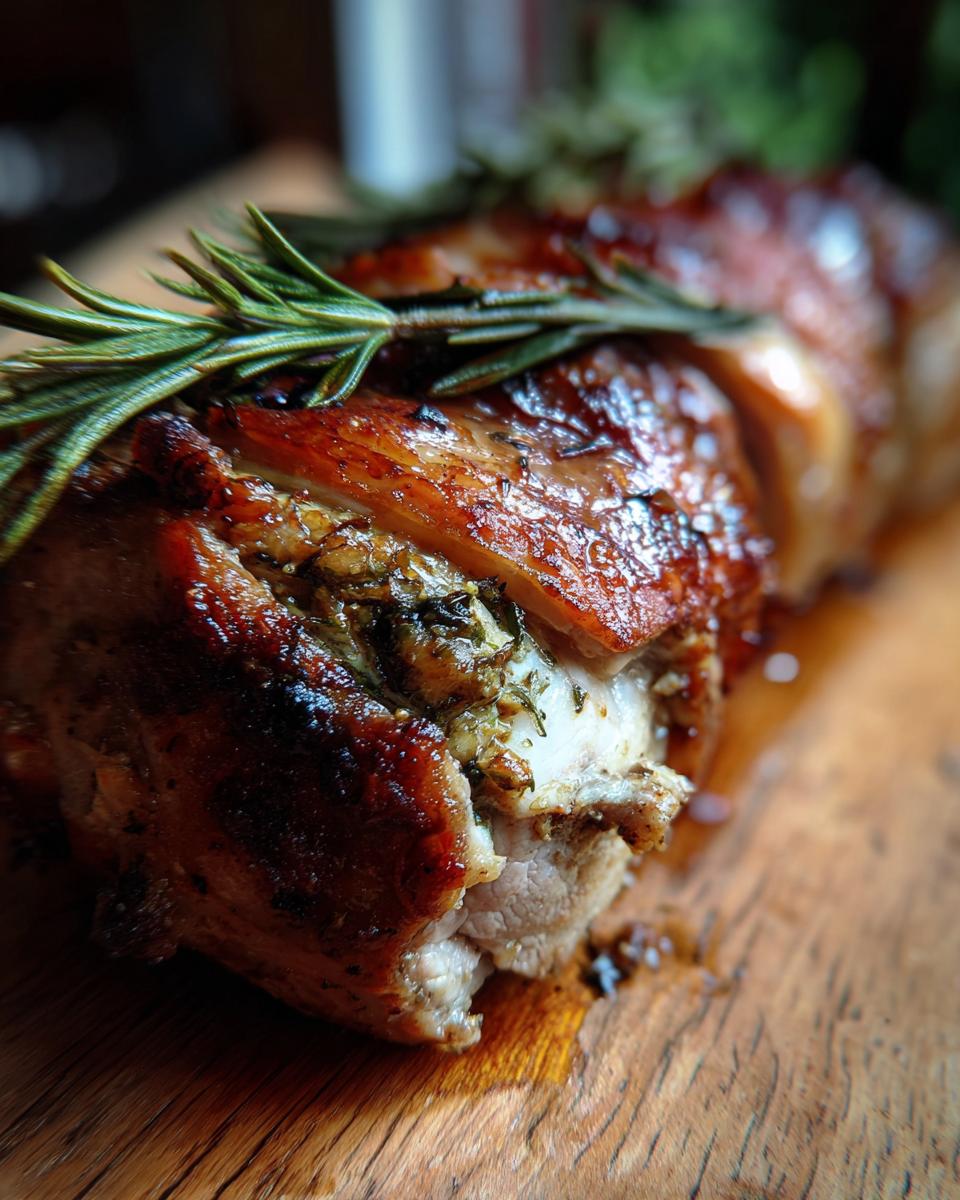 Close-up of a perfectly roasted apple and rosemary stuffed pork chop, glistening and garnished with fresh rosemary sprigs.