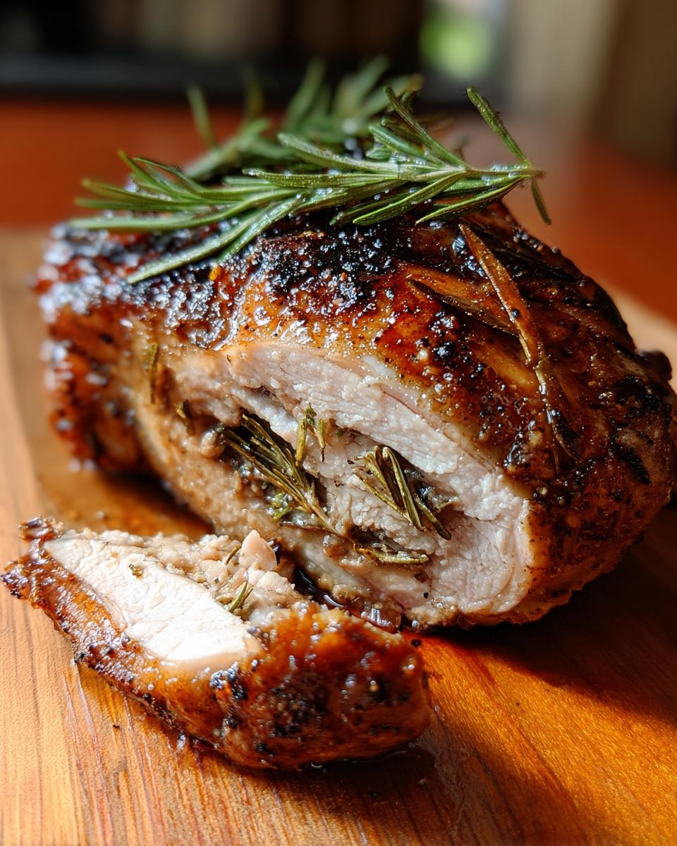 Close-up of juicy apple and rosemary stuffed pork chops, with a slice cut to show the filling.