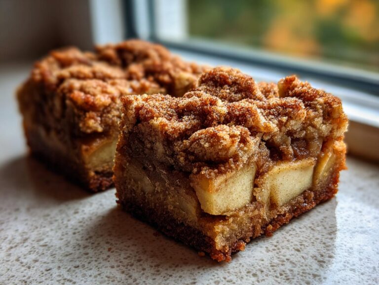 Close-up of two Apple Snickerdoodle Bars, showcasing chunks of apple and a cinnamon-sugar topping.