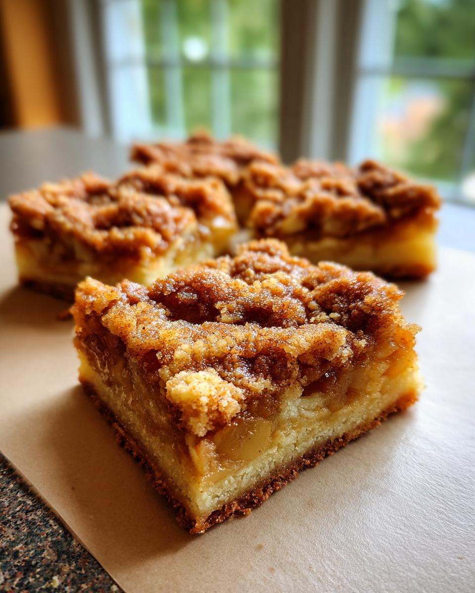 Close-up of a slice of apple snickerdoodle bars with a crumb topping and apple filling.