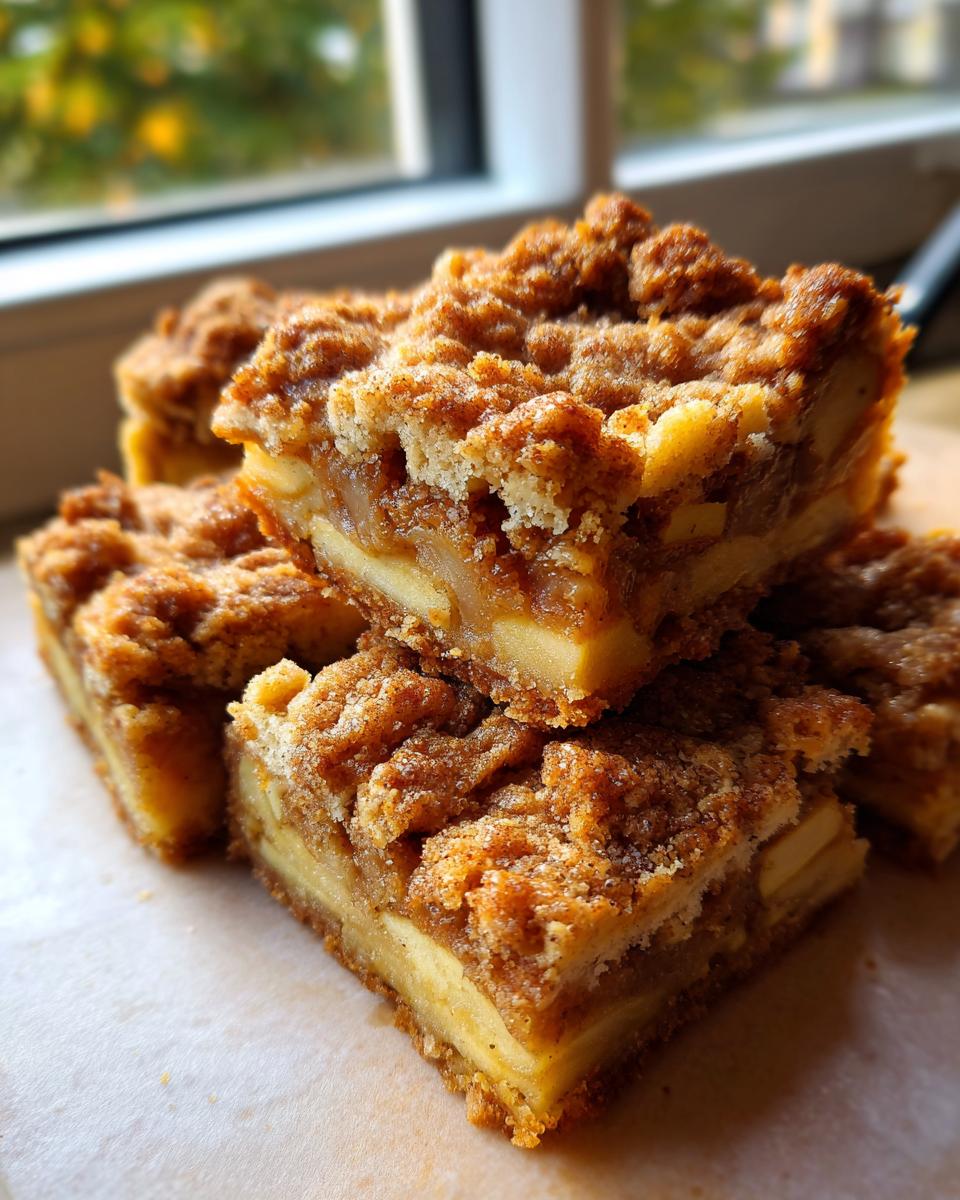 A stack of three homemade Apple Snickerdoodle Bars, showing layers of apple filling and cinnamon-sugar crumble topping.