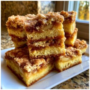 A stack of moist Apple Snickerdoodle Bars with a cinnamon-sugar crumble topping.