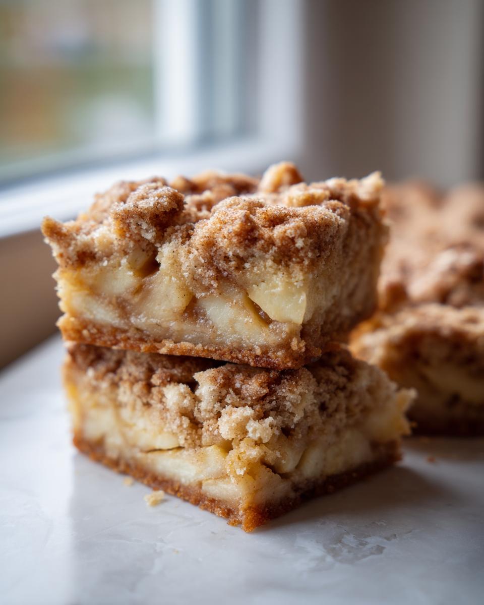 A close-up of two Apple Snickerdoodle Bars stacked on top of each other, showing the apple filling and cinnamon crumble topping.