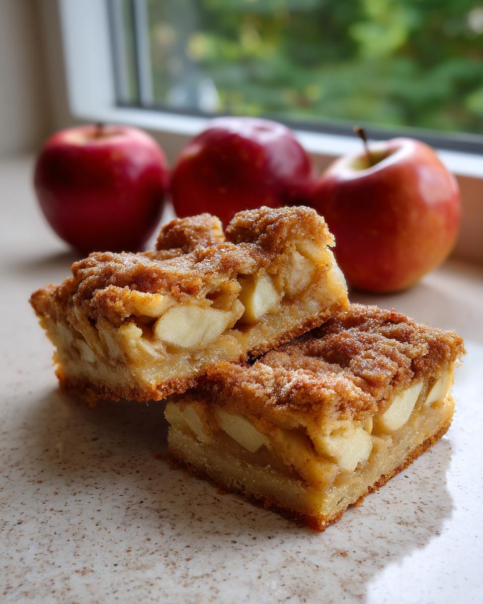 Close-up of two Apple Snickerdoodle Bars stacked, showing chunks of apple and cinnamon streusel topping.