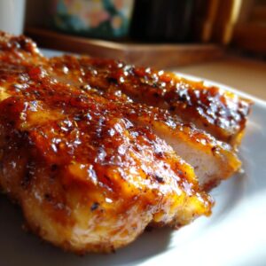 Close-up of juicy apricot glazed baked chicken, glistening with sauce and spices.