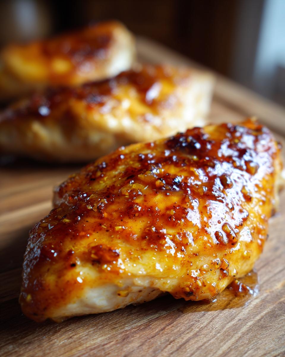 Close-up of a juicy apricot glazed baked chicken breast on a wooden board, with more chicken in the background.