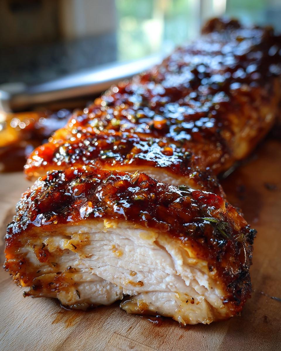 Close-up of a juicy apricot glazed baked chicken breast, sliced to show tender white meat and glistening glaze.