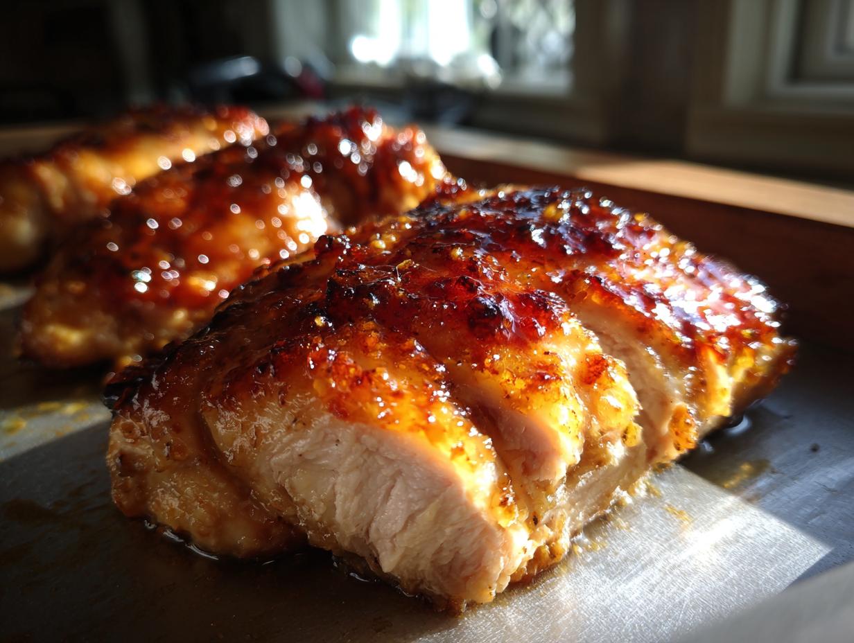 Close-up of a juicy apricot glazed baked chicken breast, sliced to show tender white meat and a glistening glaze.