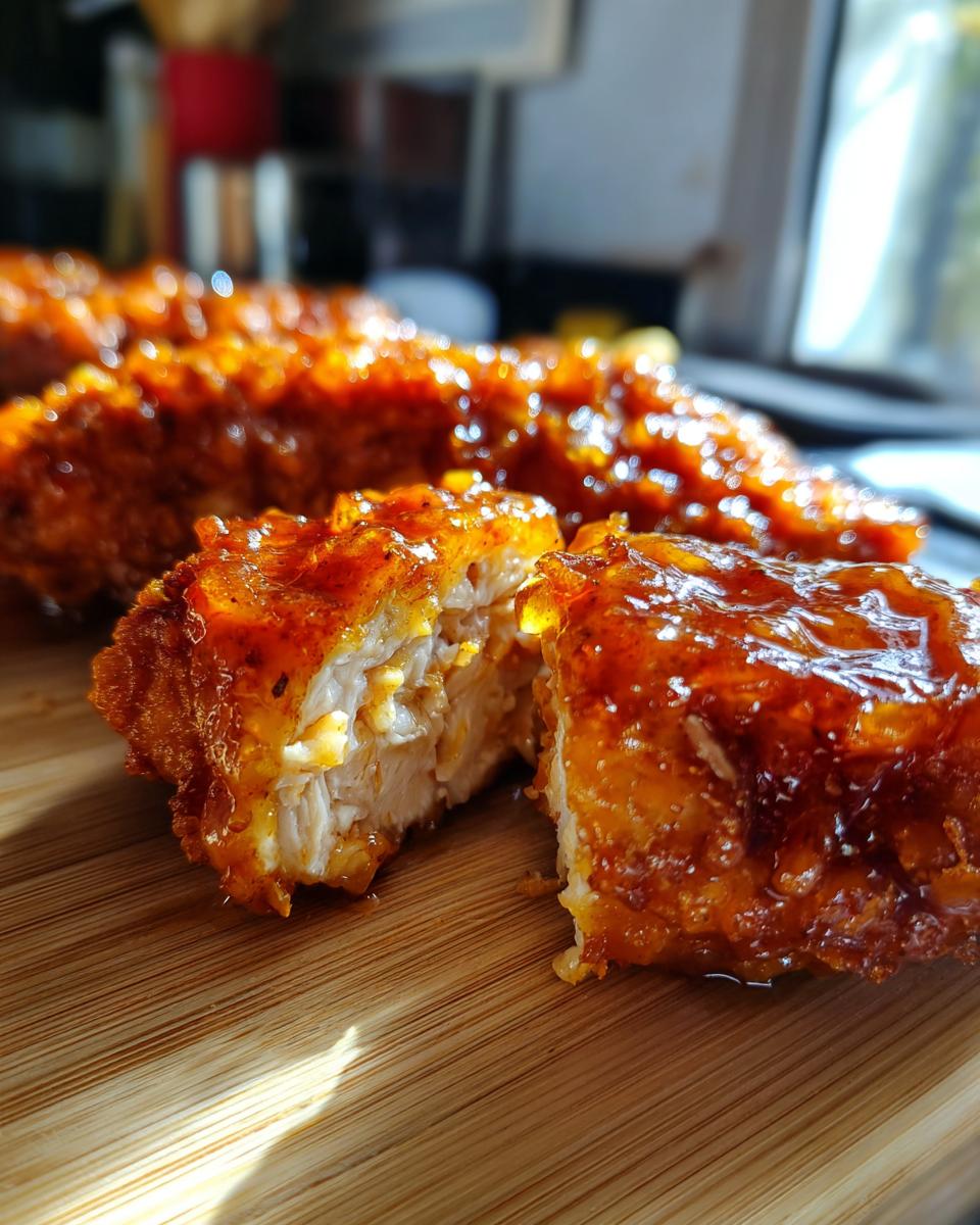 Close-up of juicy apricot glazed baked chicken pieces, one piece cut open to show tender chicken inside.