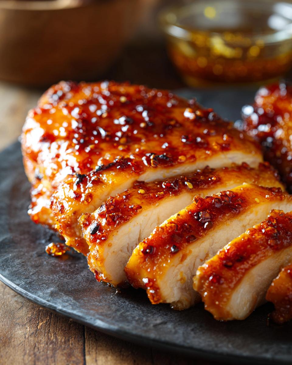 Close-up of sliced apricot glazed baked chicken breast with a glossy, glistening glaze.