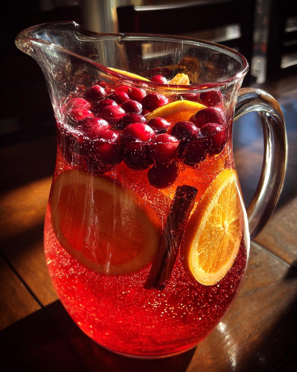 A clear pitcher filled with vibrant red autumn punch, featuring fresh cranberries, orange slices, and cinnamon sticks.