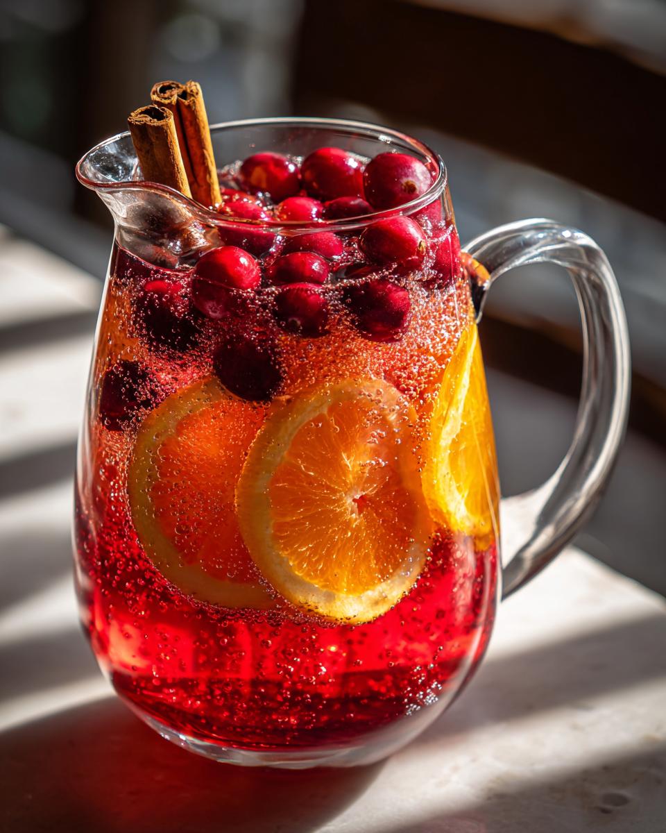 A clear pitcher filled with vibrant red autumn punch, featuring fresh cranberries, orange slices, and cinnamon sticks.