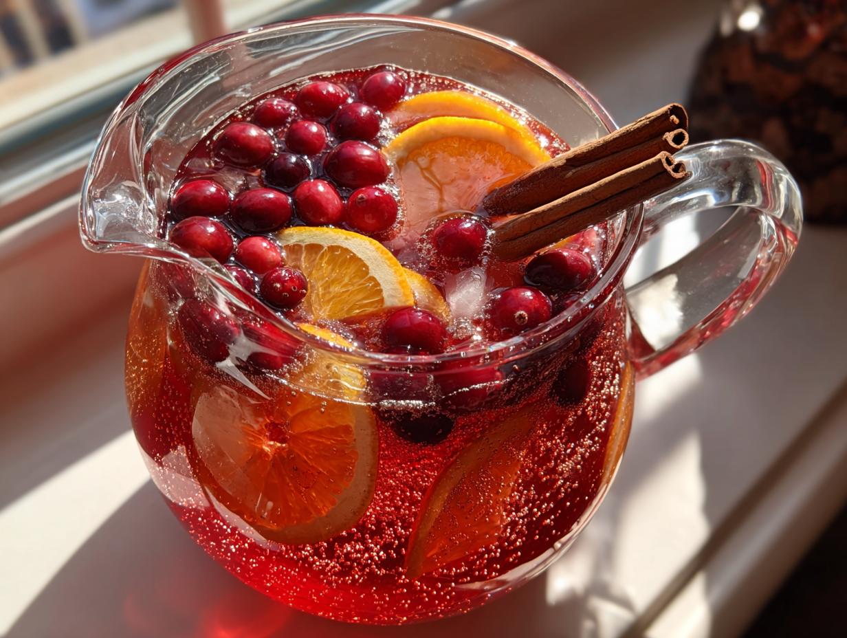 A clear pitcher filled with vibrant red autumn punch, featuring fresh cranberries, orange slices, and cinnamon sticks.