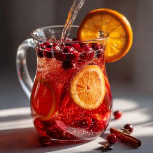 A pitcher of sparkling autumn punch filled with cranberries, orange slices, and garnished with cinnamon sticks and star anise.