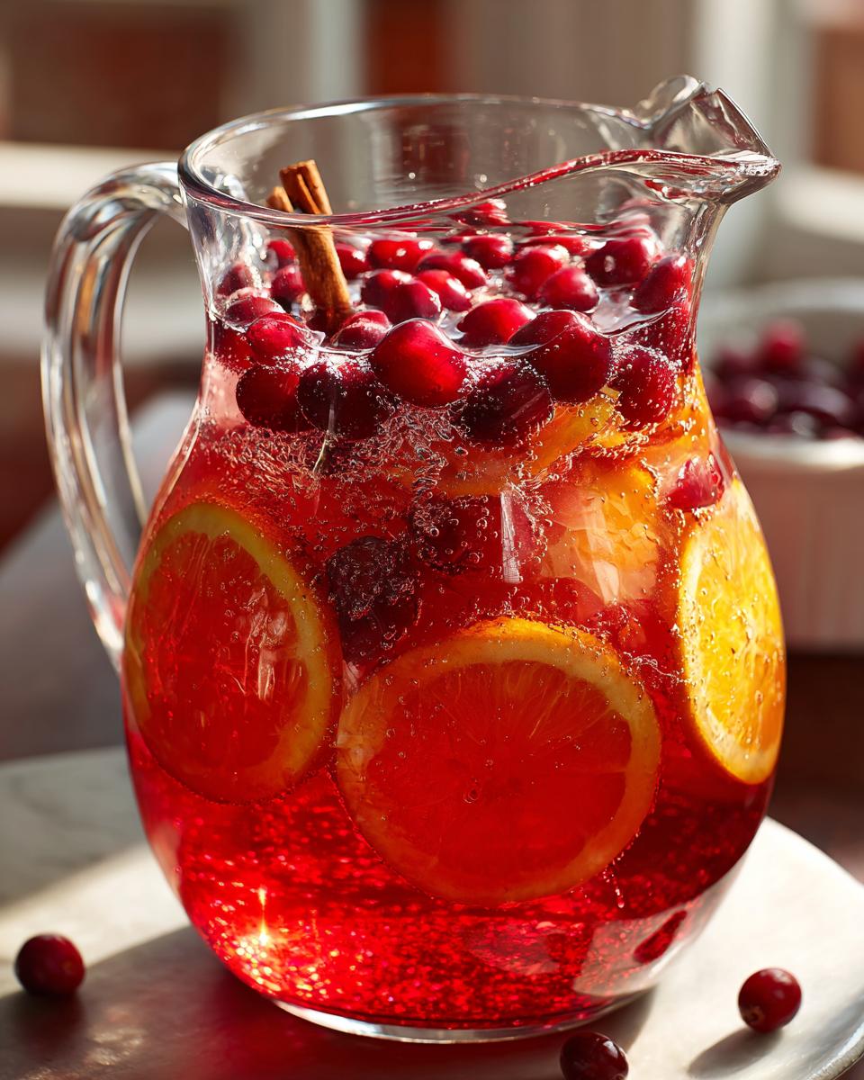 A clear glass pitcher filled with vibrant red autumn punch, featuring orange slices, cranberries, and a cinnamon stick.