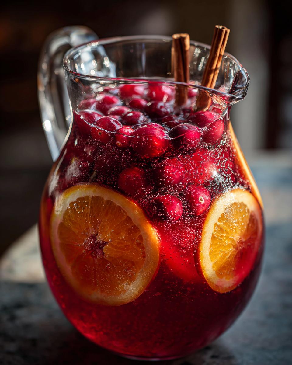 A clear glass pitcher filled with sparkling autumn punch, featuring cranberries, orange slices, and cinnamon sticks.