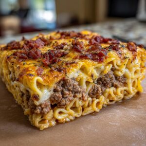 A hearty slice of Bacon Cheeseburger Lasagna, featuring layers of pasta, seasoned ground beef, melted cheese, and crispy bacon.