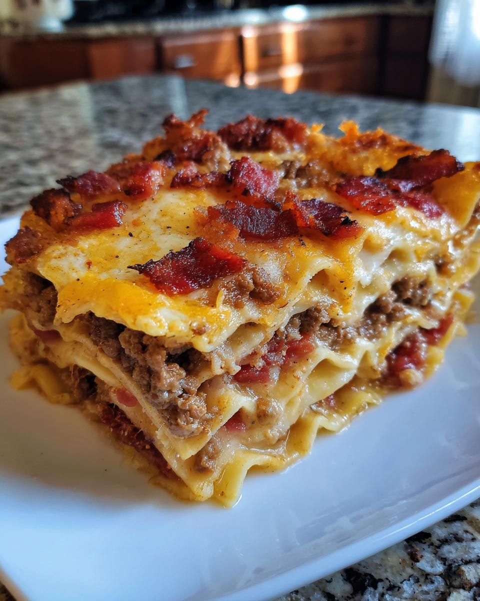 A generous slice of bacon cheeseburger lasagna on a white plate, showcasing layers of pasta, meat, cheese, and crispy bacon.