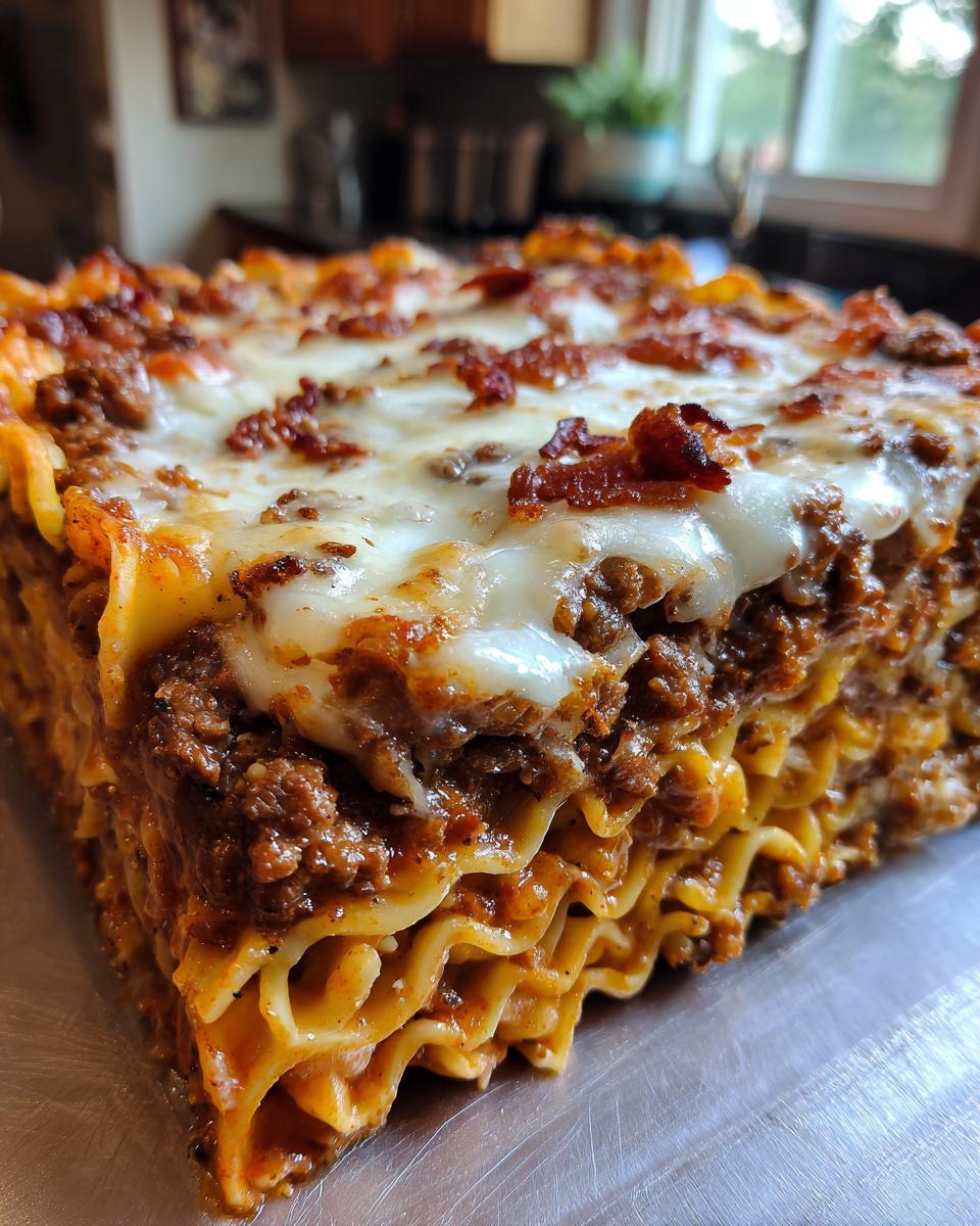 A close-up of a hearty slice of bacon cheeseburger lasagna, showing layers of noodles, meat sauce, and melted cheese.