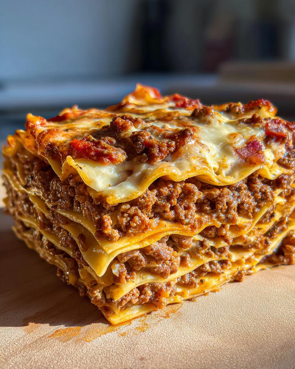 A thick slice of Bacon Cheeseburger Lasagna with layers of pasta, meat sauce, and melted cheese.