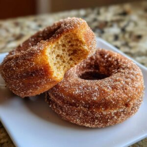 Close-up of two baked apple cider donuts coated in cinnamon sugar, one with a bite taken out.