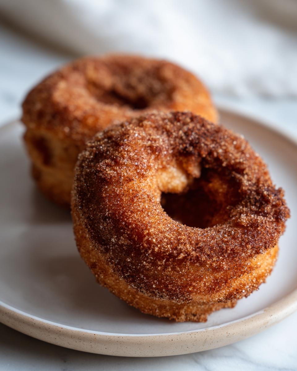 Close-up of two baked apple cider donuts coated in cinnamon sugar on a plate.