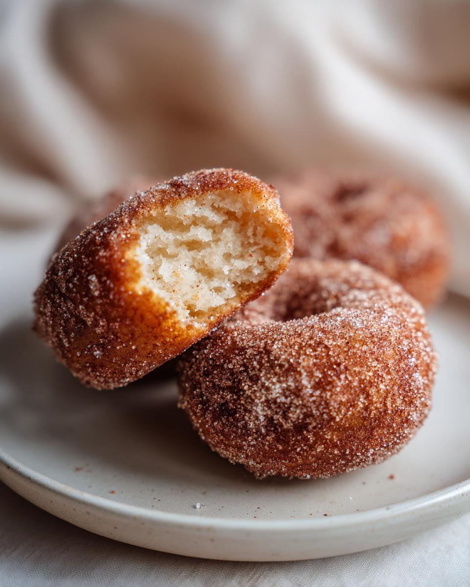 Close-up of baked apple cider donuts coated in cinnamon sugar, one is broken in half.